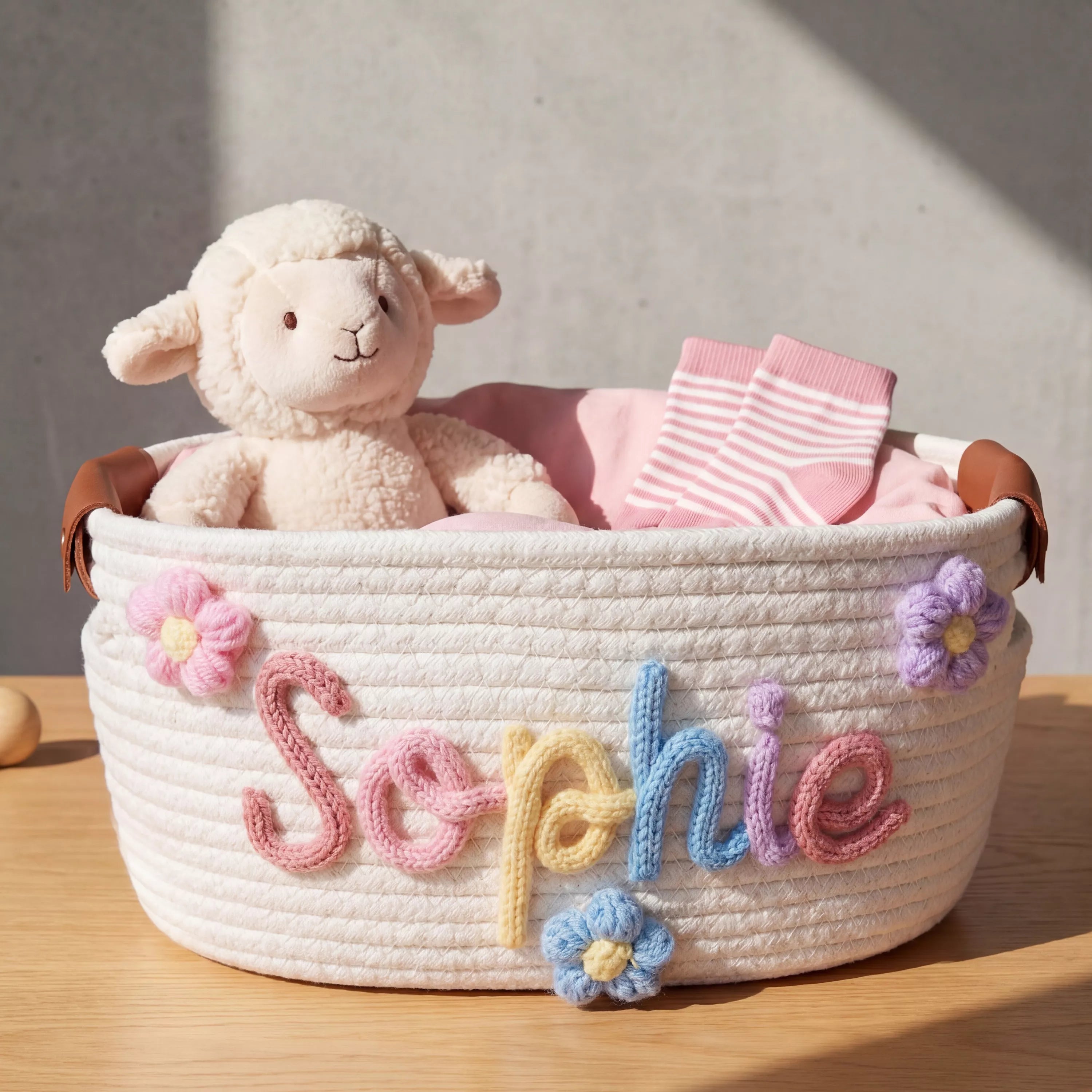 Personalized Baby Girl Basket, Woven Nursery Name Storage with Leather handle, Baby Shower Gift
