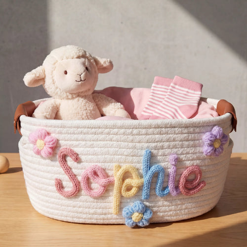 Personalized Baby Girl Basket, Woven Nursery Name Storage with Leather handle, Baby Shower Gift