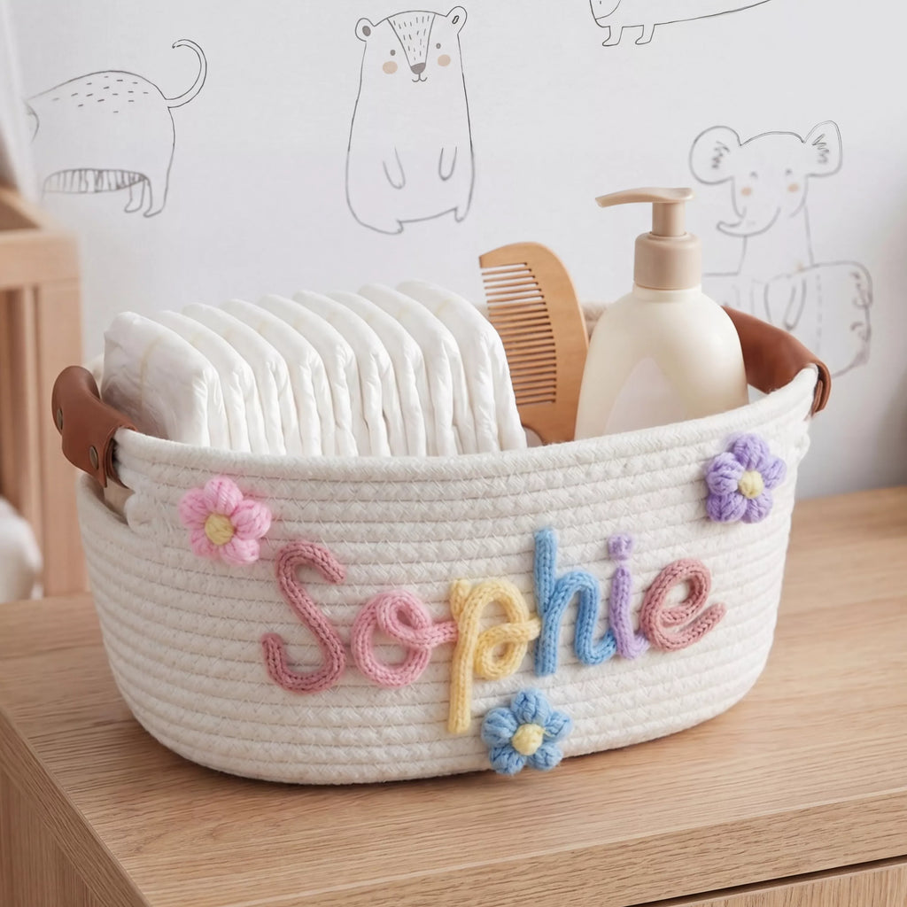 Personalized Baby Girl Basket, Woven Nursery Name Storage with Leather handle, Baby Shower Gift