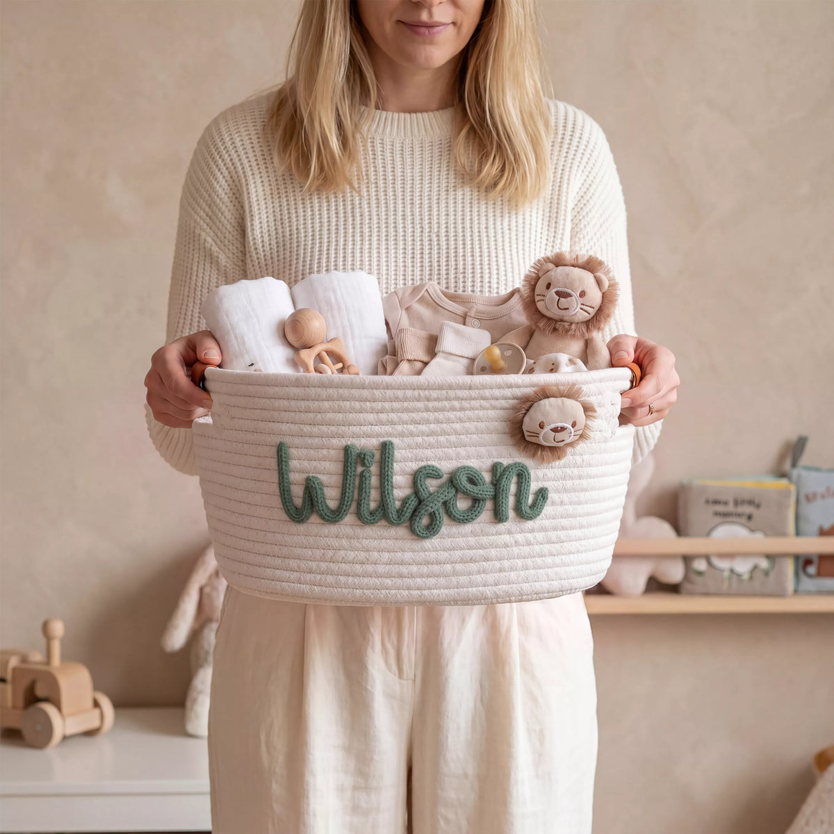 Personalized Baby Girl Basket, Woven Nursery Name Storage with Leather handle, Baby Shower Gift