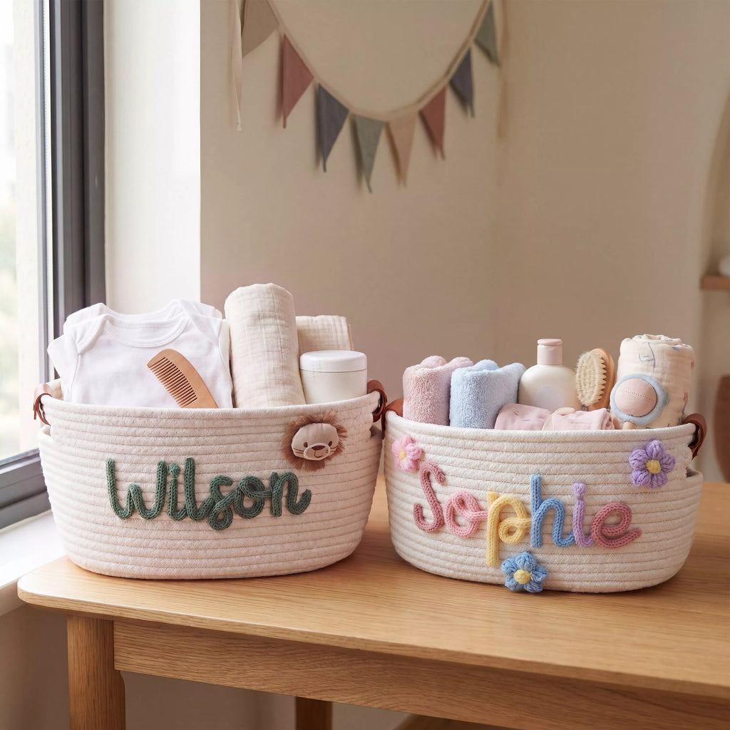 Personalized Baby Girl Basket, Woven Nursery Name Storage with Leather handle, Baby Shower Gift