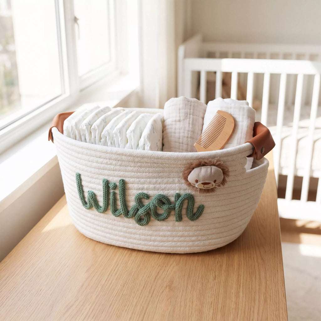 Personalized Baby Girl Basket, Woven Nursery Name Storage with Leather handle, Baby Shower Gift